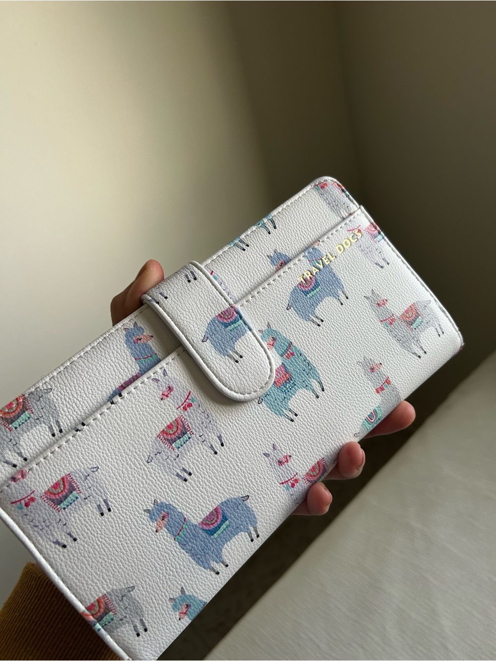 Love & Lore Travel documents fold over wallet White Llama Print